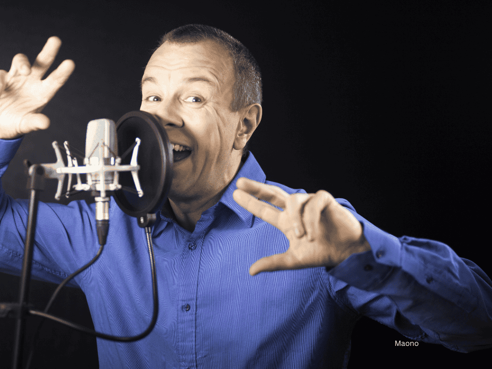 A voice actor using a microphone for voice acting