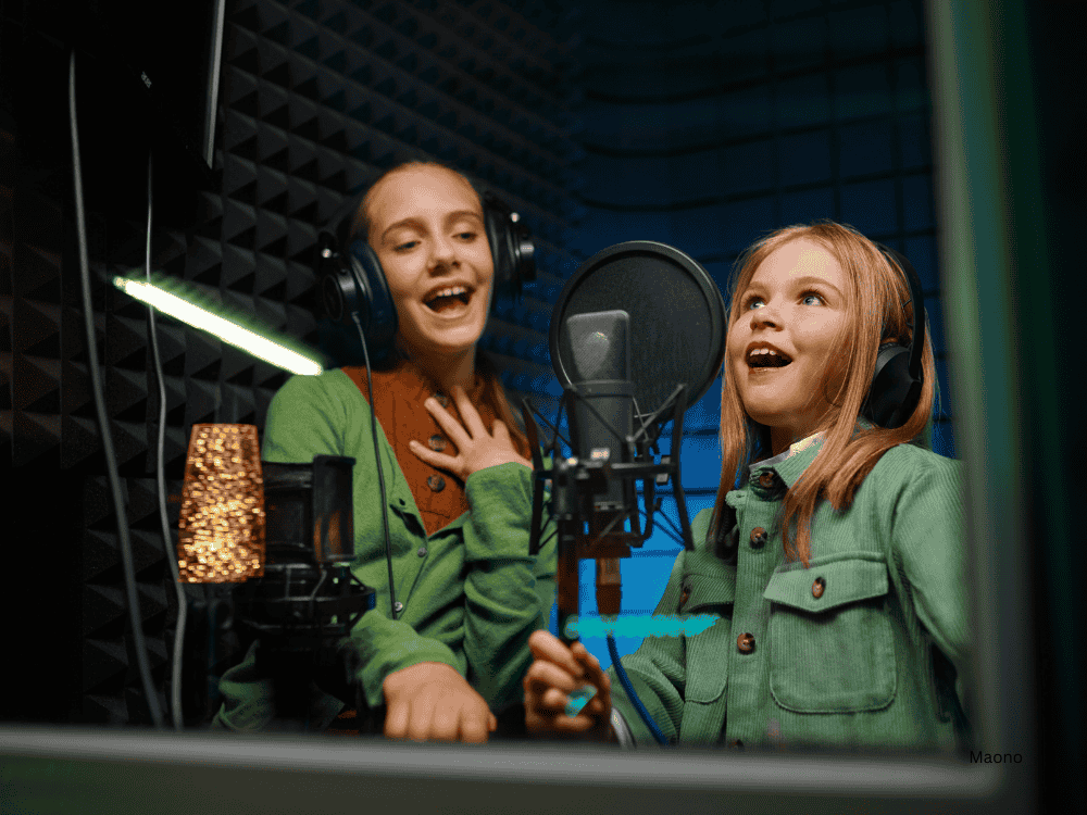 Kids singing in studio using an XLR microphone