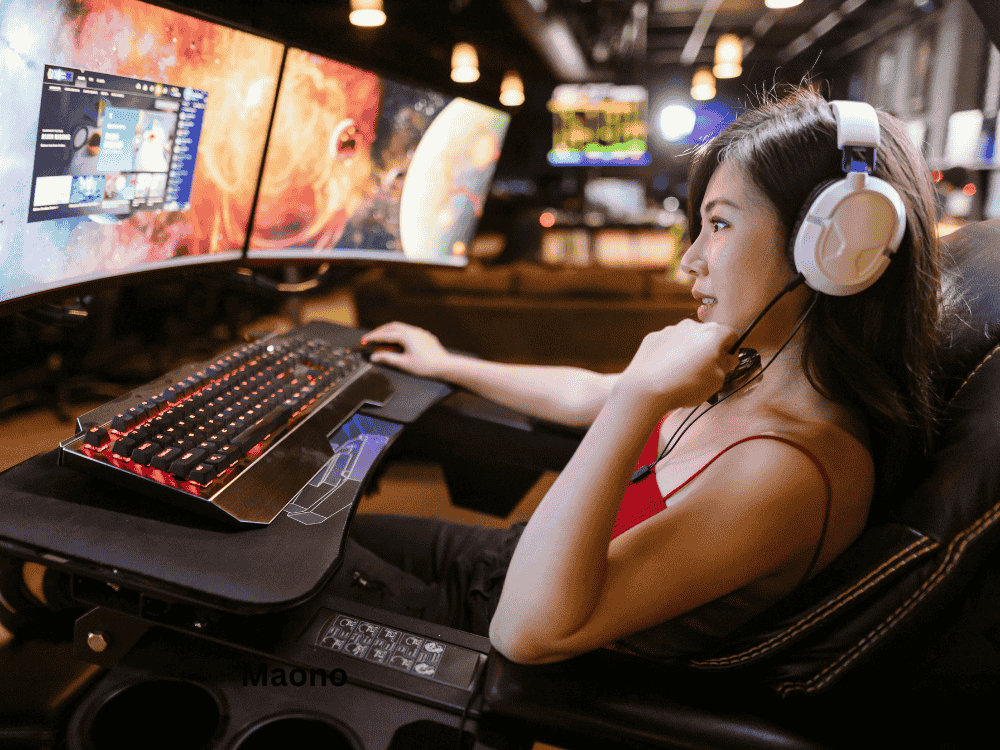 A girl gamer using a streaming kit for gaming setup