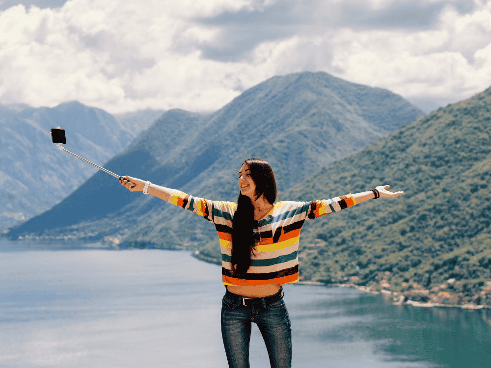 A lady recording a vlog with her wireless microphone