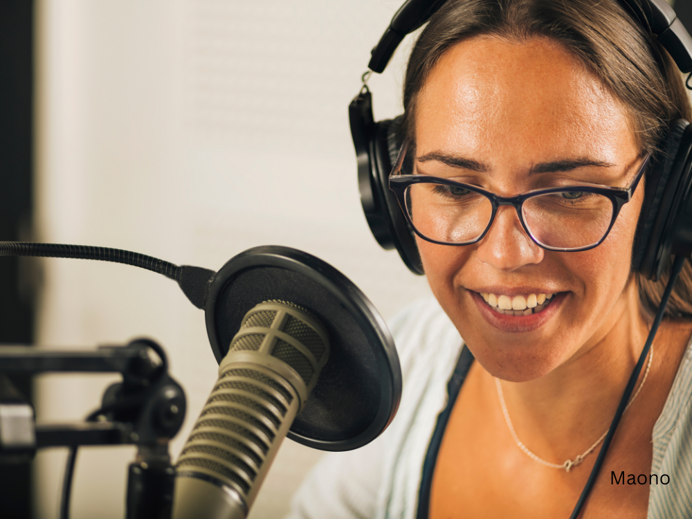 A woman podcasting