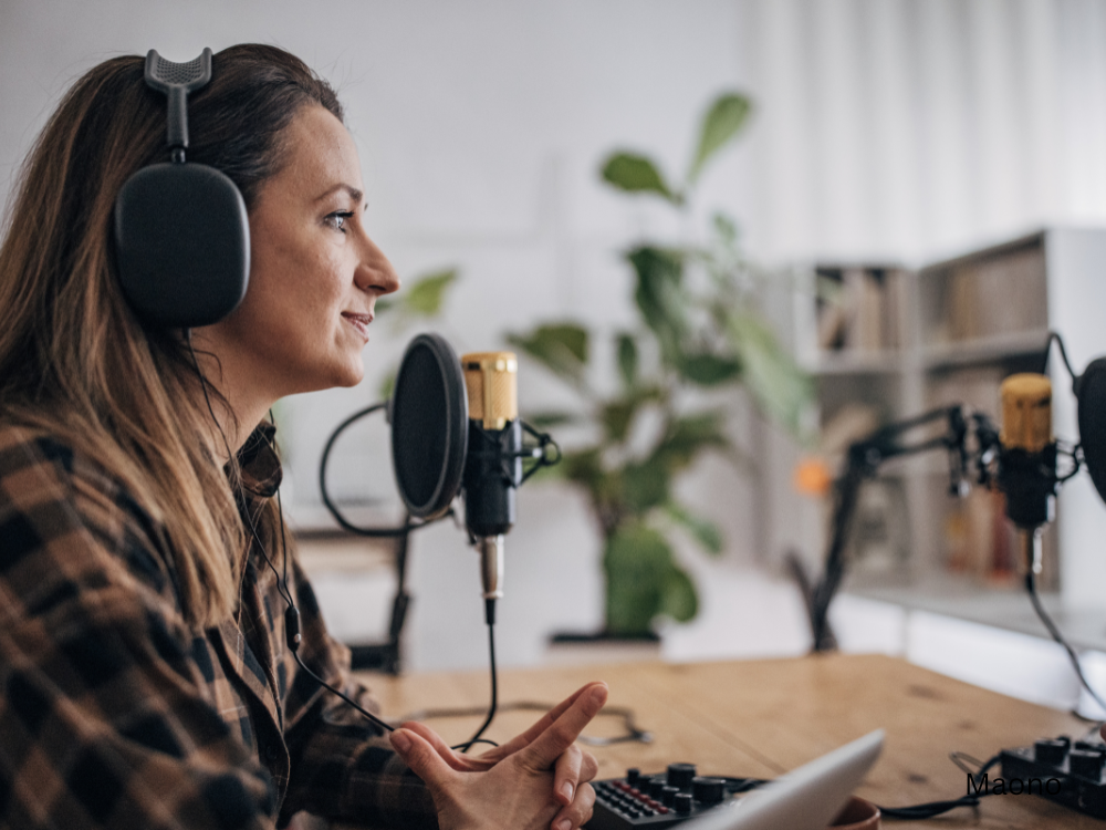 a woman podcasting using a podcast bundle