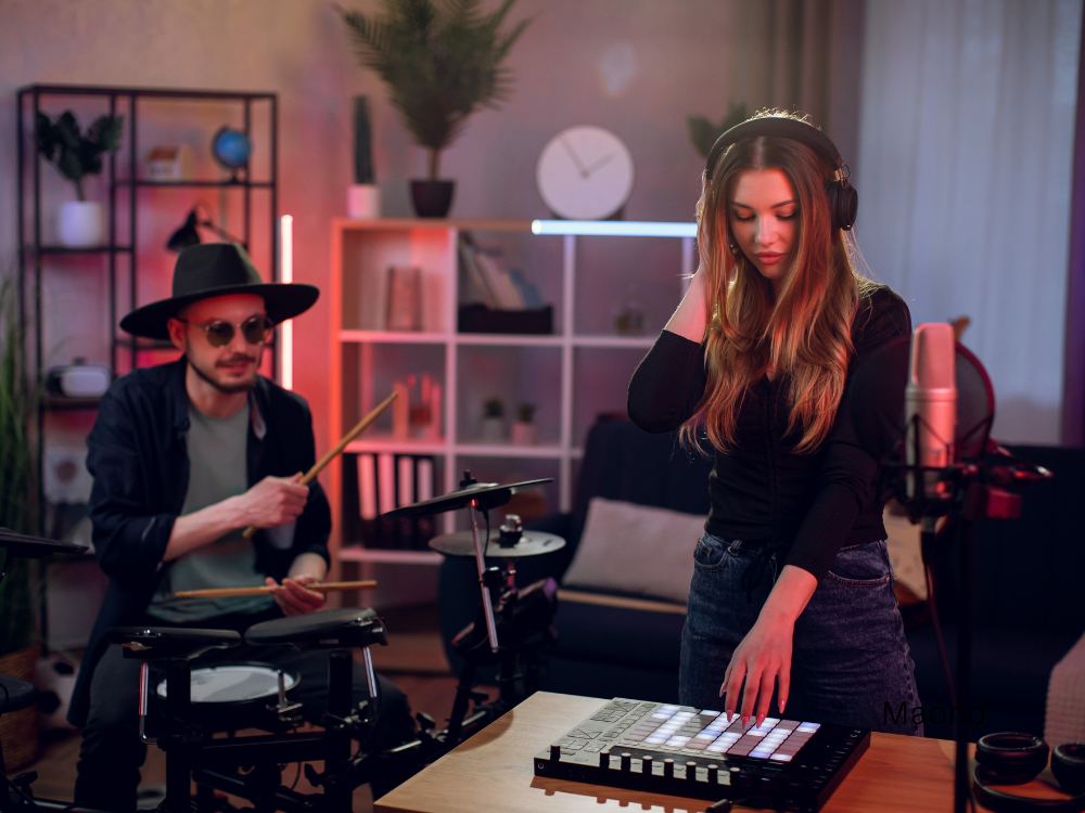 artists recording instruments with headphone