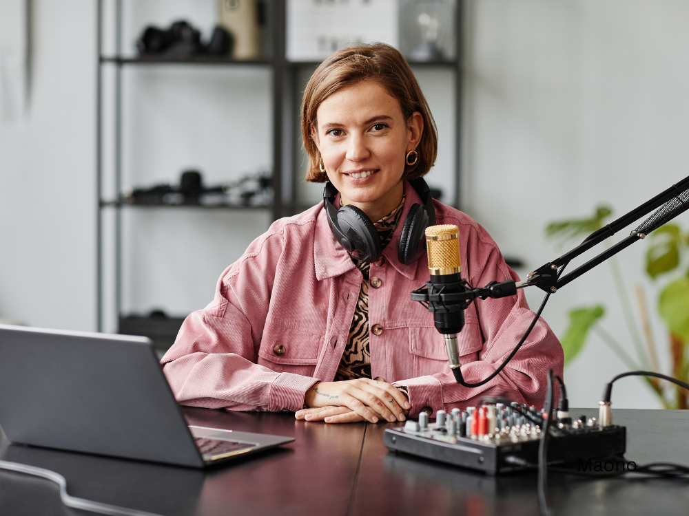 female using a podcast equipment bundle in podcasting