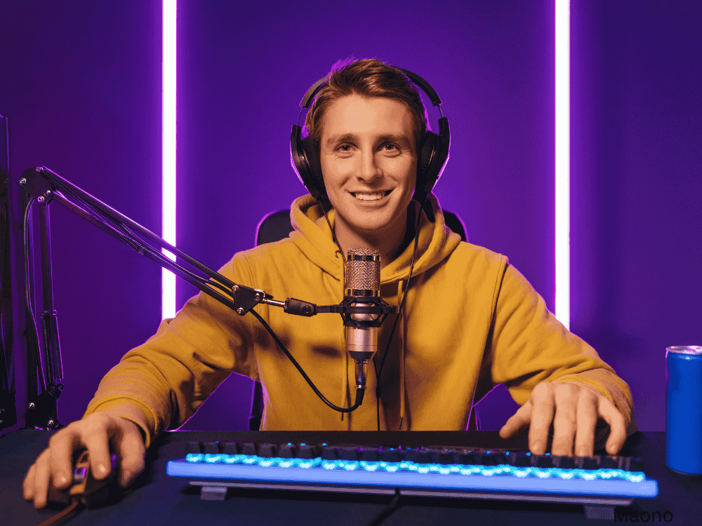 male gamer using a gaming mic during livestream