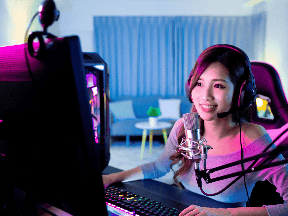 a gamer girl streaming using a mic boom arm