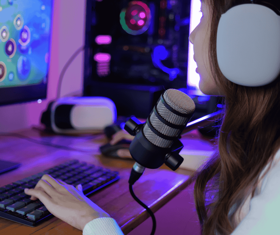 a girl game streamer using a condenser microphone