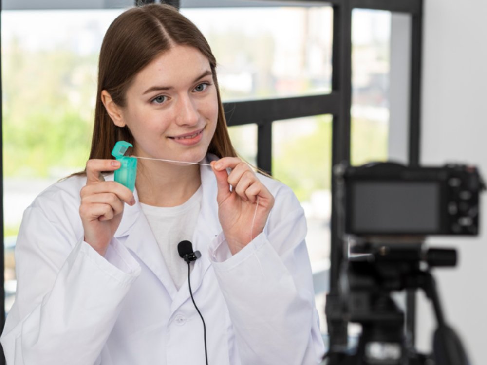 lady vlogging using an omnidirectional recording microphone