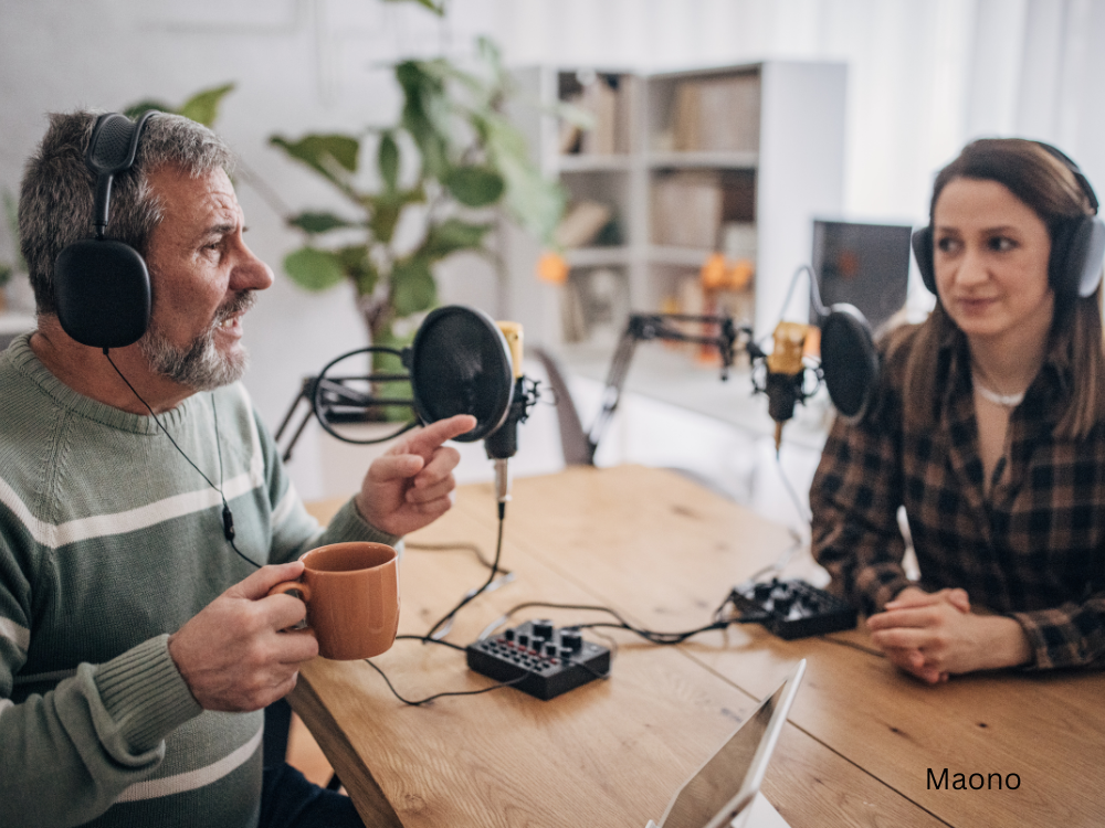 male and female live interview podcasting using an audio interface