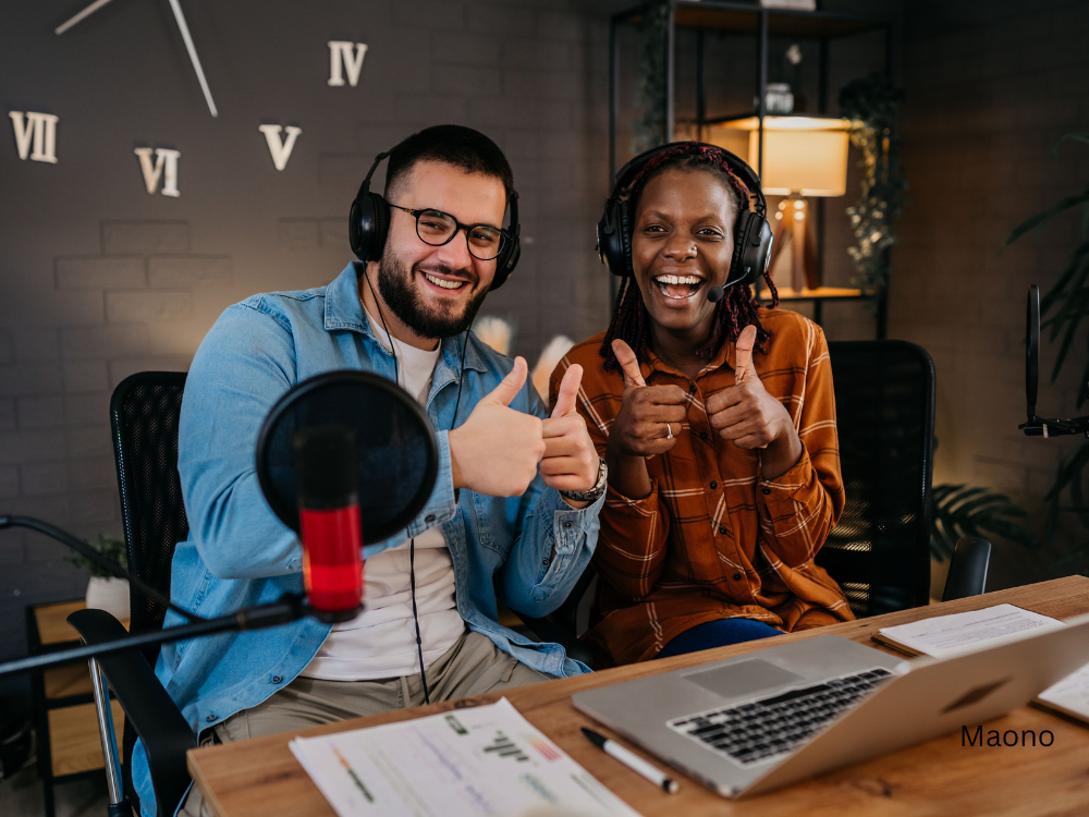 male and female podcasting using a cardioid microphone