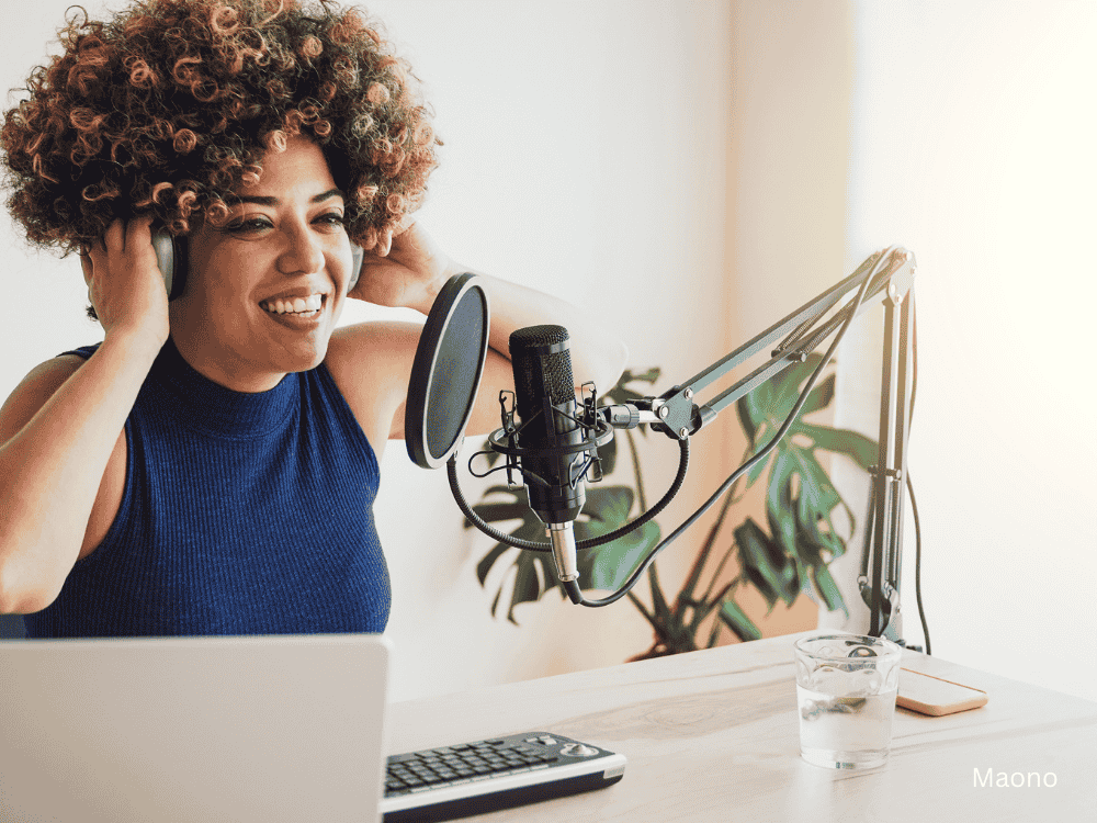 woman podcaster using a desk mic stand