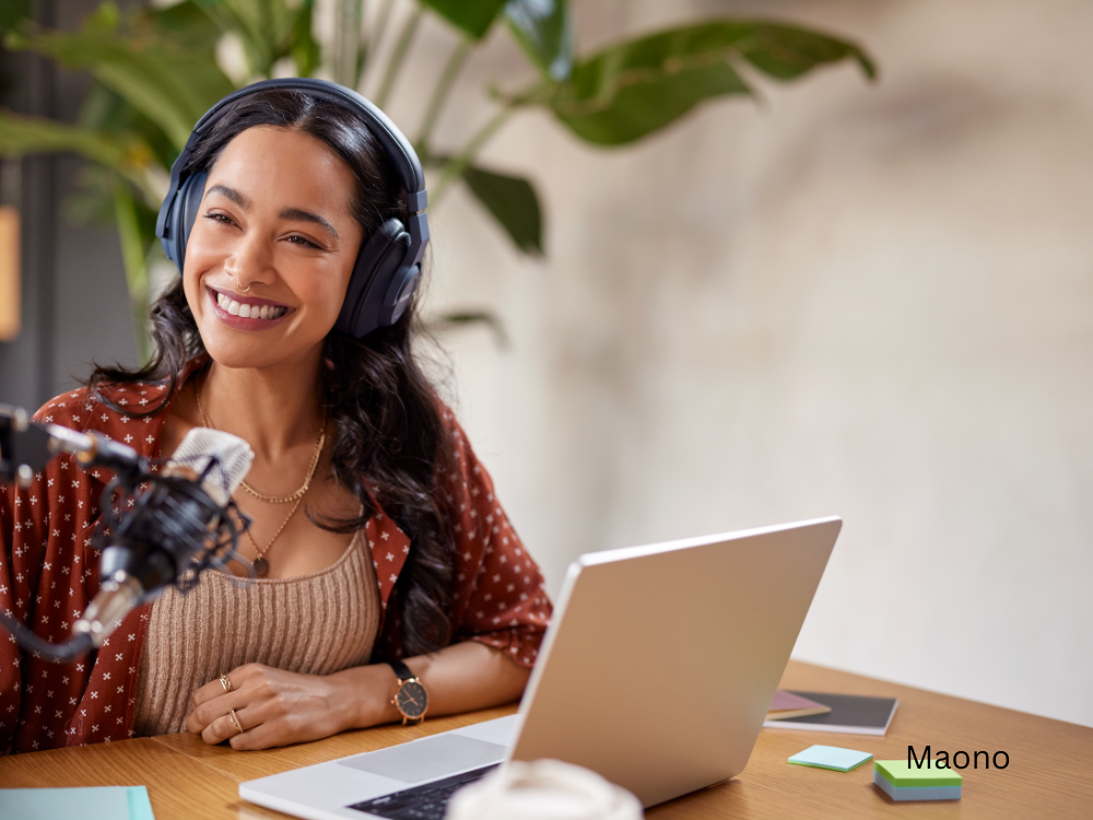 woman podcasting using USB-c microphone