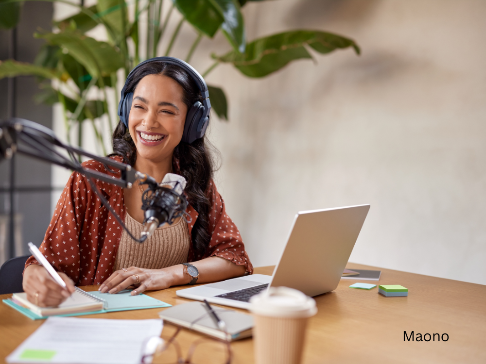 woman smiling while live streaming